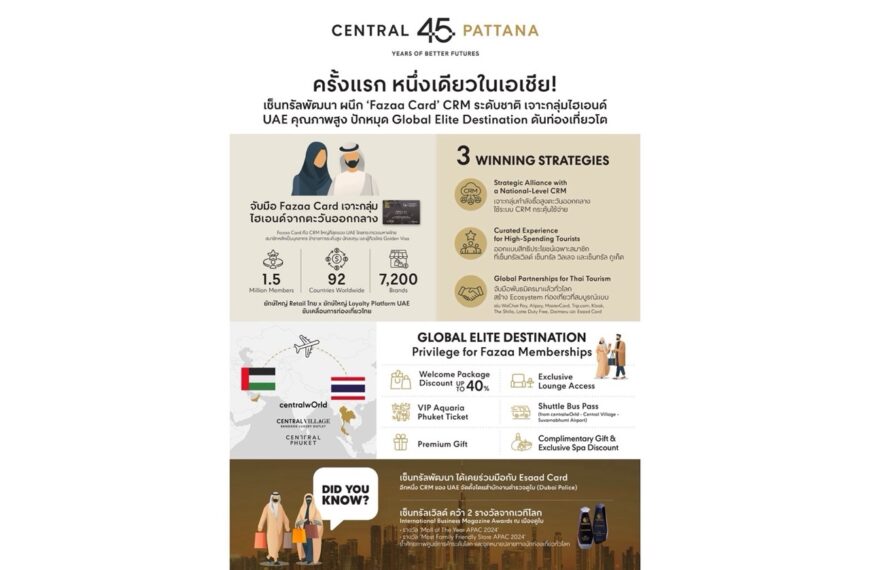 ครั้งแรก หนึ่งเดียวในเอเชีย! เซ็นทรัลพัฒนา เจาะกลุ่มไฮเอนด์ UAE คุณภาพสูงผนึก ‘Fazaa Card’ CRM ระดับชาติ ปักหมุด Global Elite Destination ดันท่องเที่ยวโต