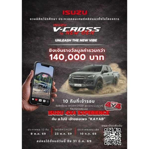 “Isuzu V-Cross by New Gen 2026” ชวนกลุ่มนิสิตนักศึกษาโชว์ไอเดียสุดปัง  “ถ้าISUZU V-CROSS เป็นคนจะเป็นคนแบบไหน”